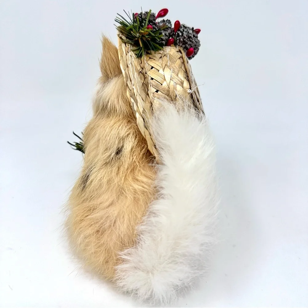 Vintage Miniature Real Fur Cat Figurine with Christmas Hat & Basket Buff White